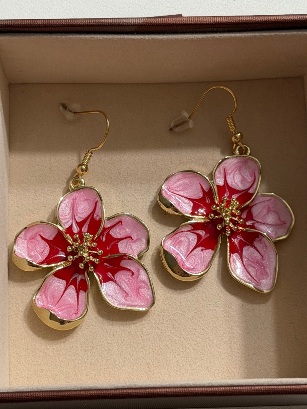 Golden Pink Latte Statement Enamel Flower Petal Dangle Drop Hook Earrings